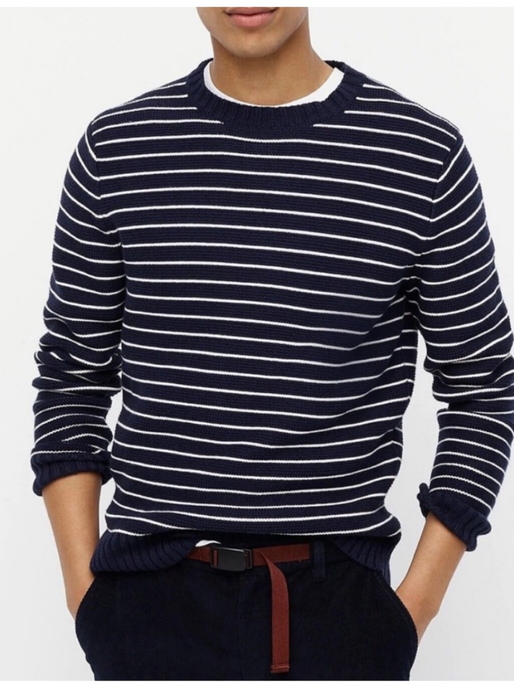 J. Crew Men’s Fisherman’s Striped Chunky Navy & White Sweater in Organic Cotton